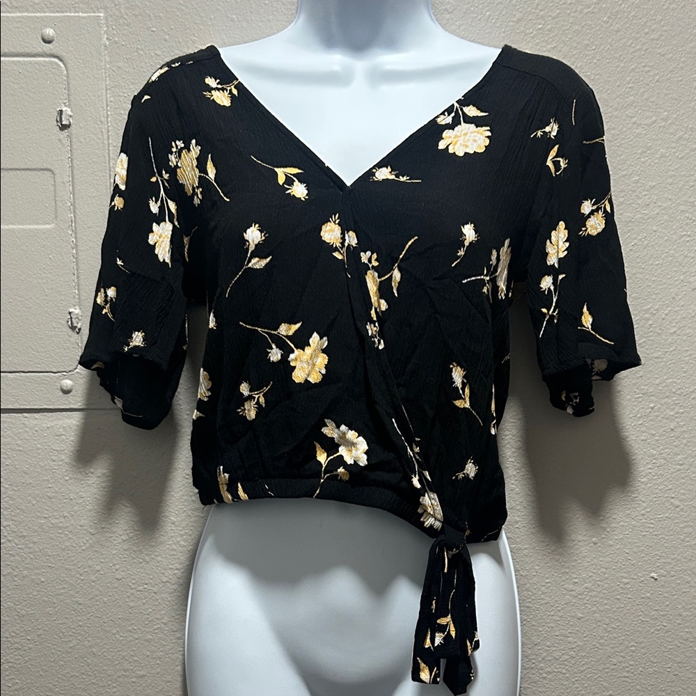 Sparrow Black and Gold Floral Tie-Front Blouse